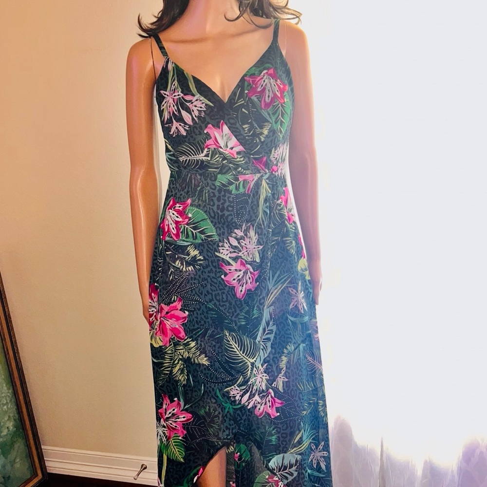 Guess Tropical Floral High Low Dress - Blue and Pink